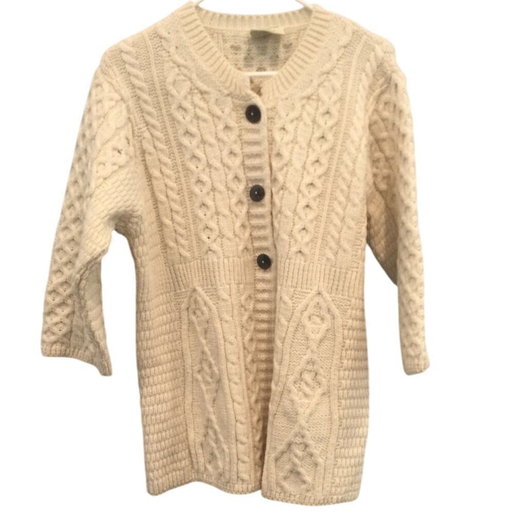 NEW Kilronan Womens Irish‎ Wool Long Cable Knit Fisherman Cardigan Sweater White